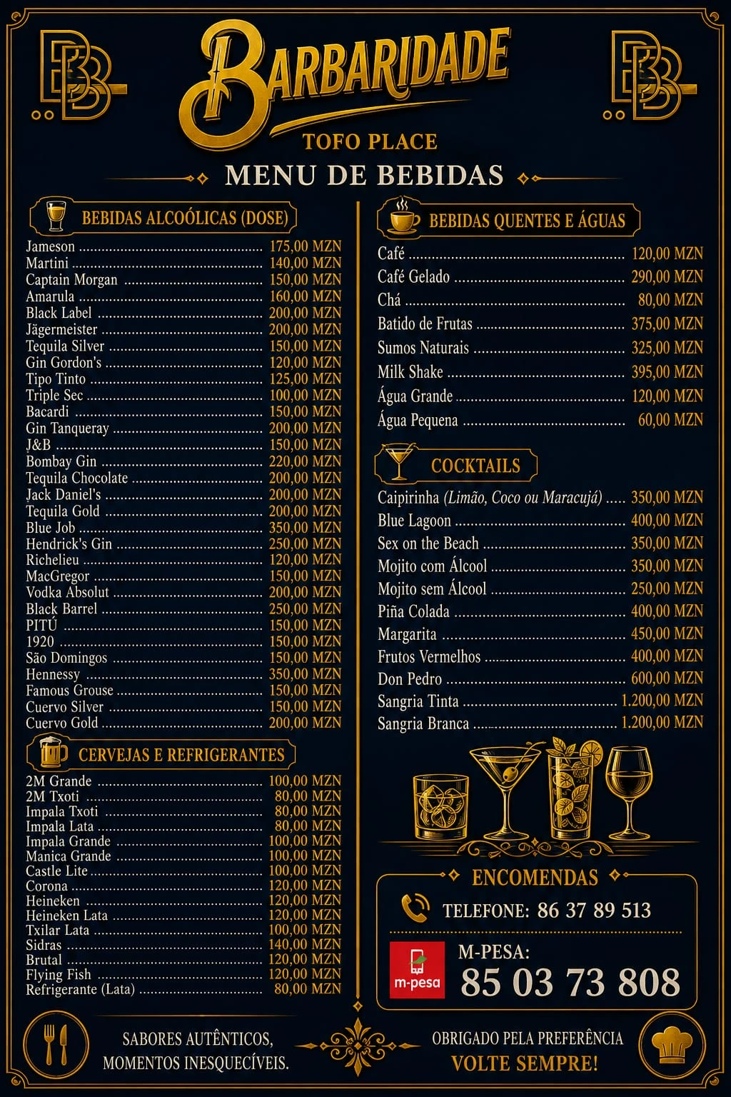 Menu de bebidas em português do restaurante Barbaridades