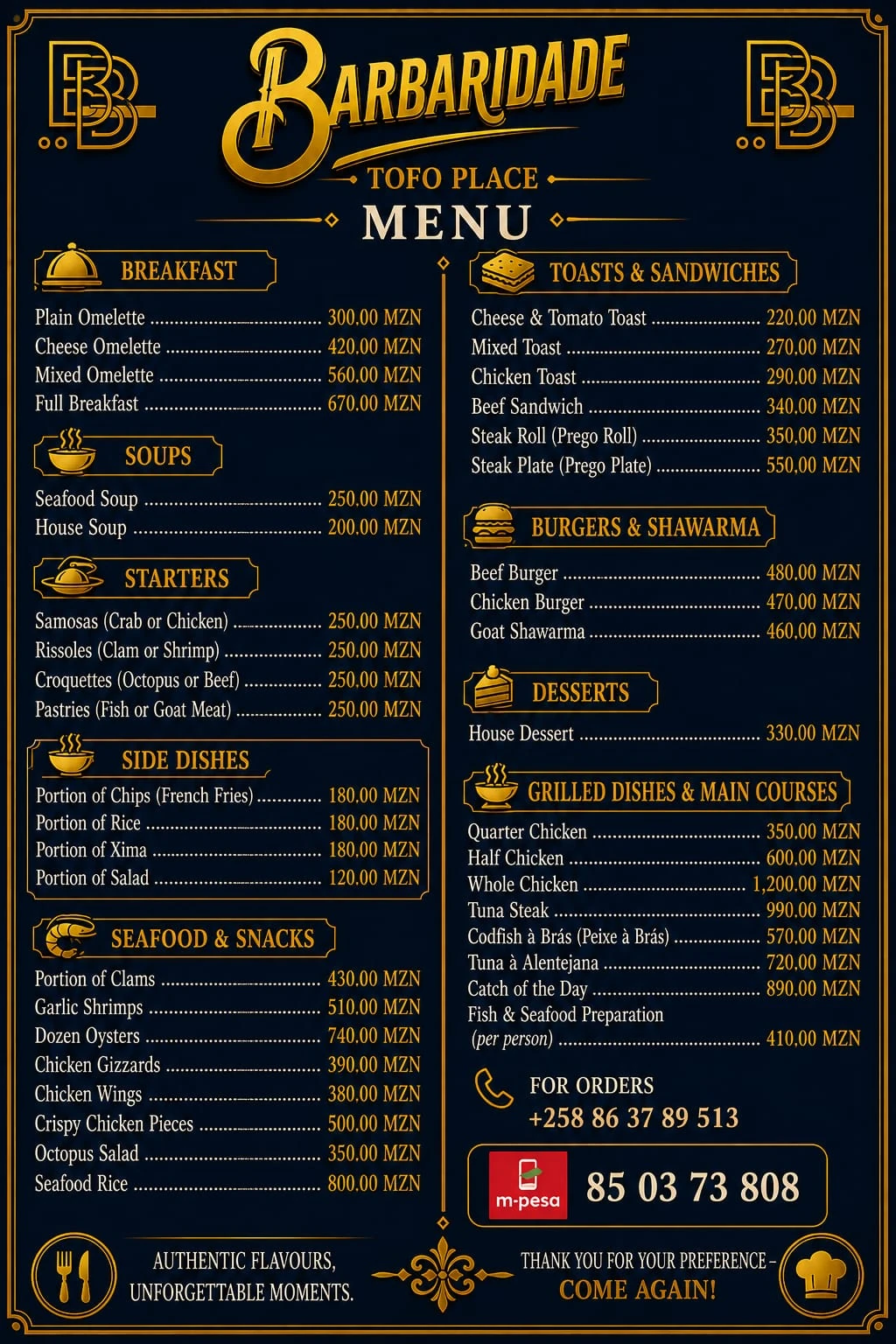 English food menu for Barbaridades restaurant