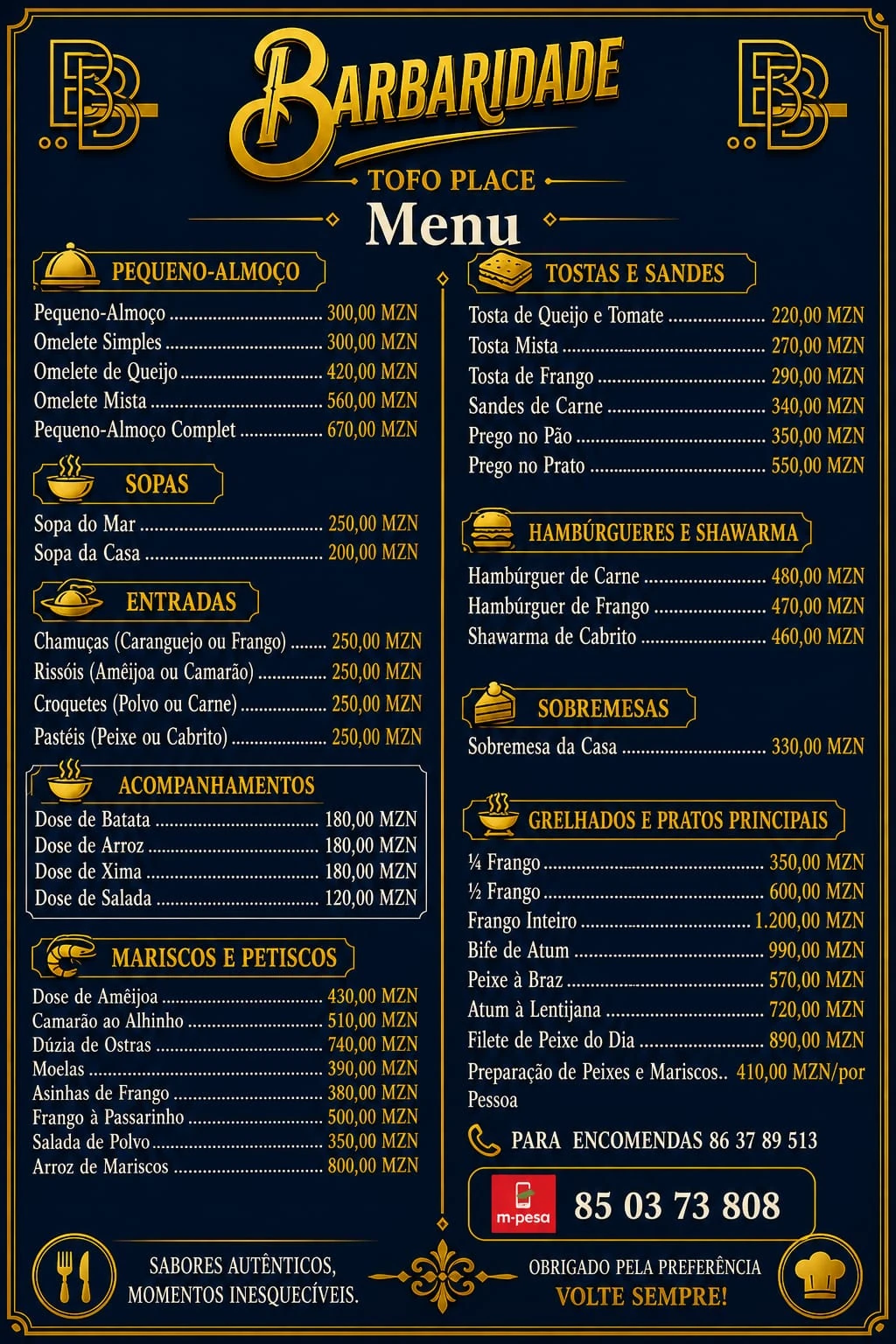 Menu de comida em português do restaurante Barbaridades